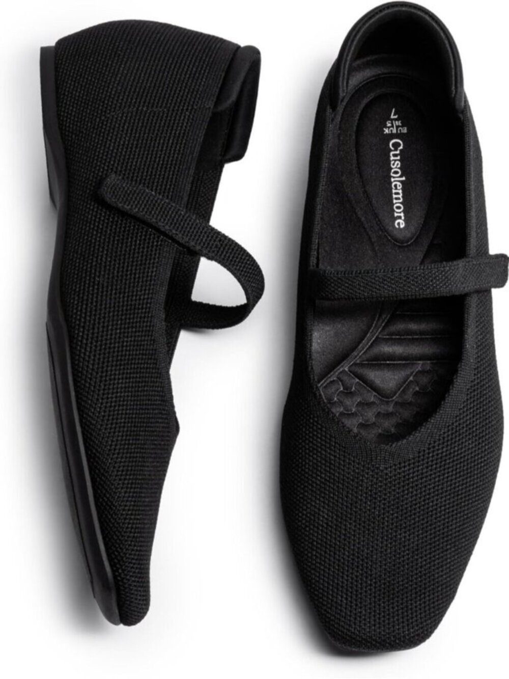 Women Black Knit Square Toe Arch Support and Concealed Low Wedge Ballet Flats